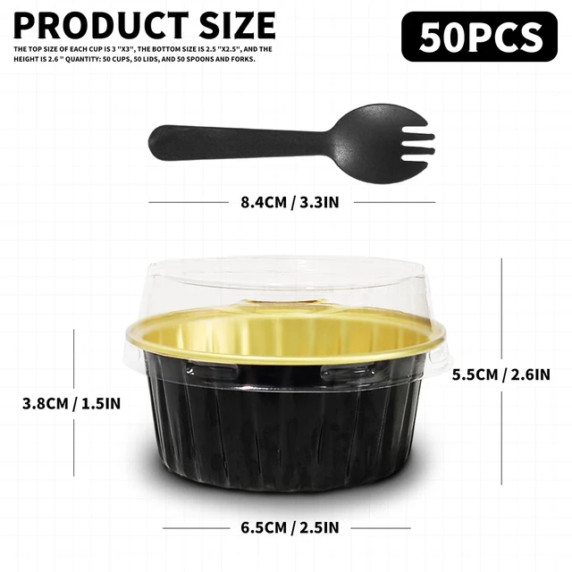 Alt view image 2 of 7 - Graduation Party 50Pcs Mini Aluminum Foil Cupcake,5oz Baking Cups with Lids | Black Mini Cake Pans,Oven Safe,Loaf Pans with Lids,Disposable Ramekins,Tin Cups Containers for Cupcake,Muffin,Cheesecake