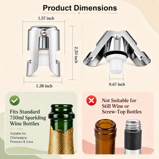 Alt view image 2 of 7 - 2 Pack Champagne Stoppers, Stainless Steel Sparkling Wine Sealer | For Prosecco Cava, food-grade silicone, rustproof, dishwasher safe, keeps bubbly fresh for days, ideal for parties