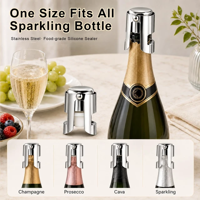 Alt view image 4 of 7 - 2 Pack Champagne Stoppers, Stainless Steel Sparkling Wine Sealer | For Prosecco Cava, food-grade silicone, rustproof, dishwasher safe, keeps bubbly fresh for days, ideal for parties