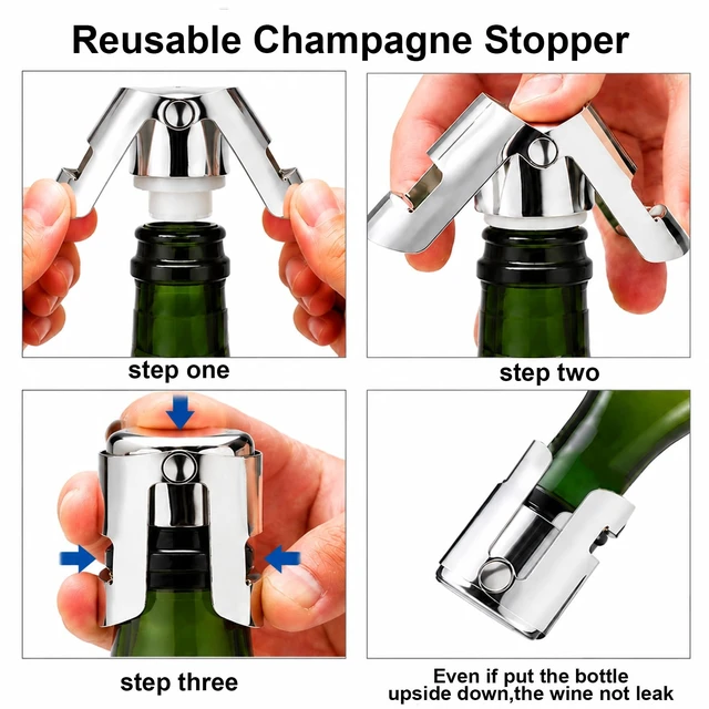 Alt view image 3 of 7 - 2 Pack Champagne Stoppers, Stainless Steel Sparkling Wine Sealer | For Prosecco Cava, food-grade silicone, rustproof, dishwasher safe, keeps bubbly fresh for days, ideal for parties