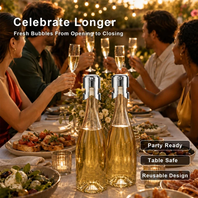 Alt view image 7 of 7 - 2 Pack Champagne Stoppers, Stainless Steel Sparkling Wine Sealer | For Prosecco Cava, food-grade silicone, rustproof, dishwasher safe, keeps bubbly fresh for days, ideal for parties