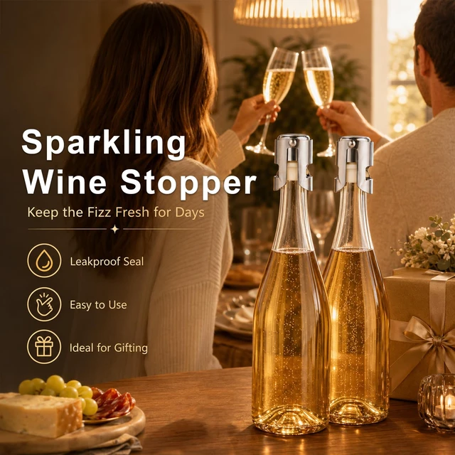 Alt view image 6 of 7 - 2 Pack Champagne Stoppers, Stainless Steel Sparkling Wine Sealer | For Prosecco Cava, food-grade silicone, rustproof, dishwasher safe, keeps bubbly fresh for days, ideal for parties