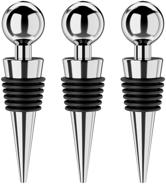 Main image of Wine Stoppers for Wine Bottles 3Pcs Vacuum Wine Bottle Stopper with Silicone Reusable Wine Corks, Leak proof Keep Fresh Suitable for Standard (Silver, 3 Pack)