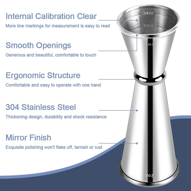 Alt view image 2 of 7 - Double Cocktail Jigger for Bartending, 2 OZ & 1 OZ, Rolled Edge | Premium 304 18/8 Stainless Steel, Internal Measurements, Japanese Jigger, Ideal for Bartending