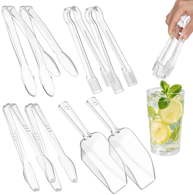 Main image of 16 Pcs Plastic Ice Tongs and Scoops Set for Ice Bucket 6'' 8.5'' Clear Mini Kitchen Serving Tongs and Scoops for Buffet Freezer Coffee Sugar Bar Supplies Party Wedding BBQ Restaurant