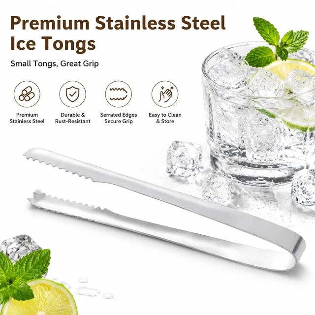 Alt view image 2 of 7 - Ice Tongs, Bar Tongs with Serrated Grip Teeth, for Ice Cubes Sugar Salad | Professional Thickened Stainless Steel Sugar Cube Tongs, for Kitchen, BBQ, Party, Home, Parties, Hotel & Bar Accessories