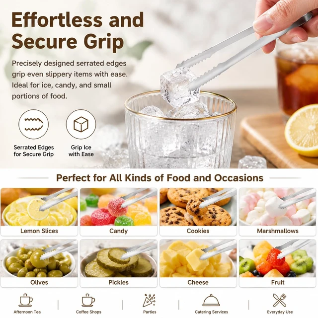 Alt view image 3 of 7 - Ice Tongs, Bar Tongs with Serrated Grip Teeth, for Ice Cubes Sugar Salad | Professional Thickened Stainless Steel Sugar Cube Tongs, for Kitchen, BBQ, Party, Home, Parties, Hotel & Bar Accessories