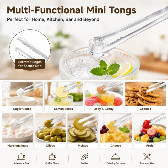 Alt view image 7 of 7 - Ice Tongs, Bar Tongs with Serrated Grip Teeth, for Ice Cubes Sugar Salad | Professional Thickened Stainless Steel Sugar Cube Tongs, for Kitchen, BBQ, Party, Home, Parties, Hotel & Bar Accessories