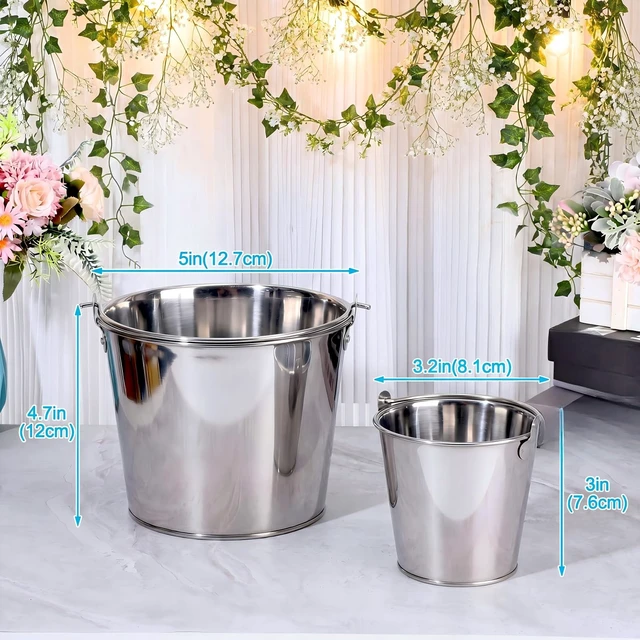 Alt view image 5 of 7 - 6 Pcs Galvanized Bucket 3.5 x 2.3 x 3 Inch, Metal 0.3 L Ice Beer | Silver Tin, Large Metal Pail, Steel Container, with Handle, for Wine Champagne Bar Kitchen Holiday Party Supplies
