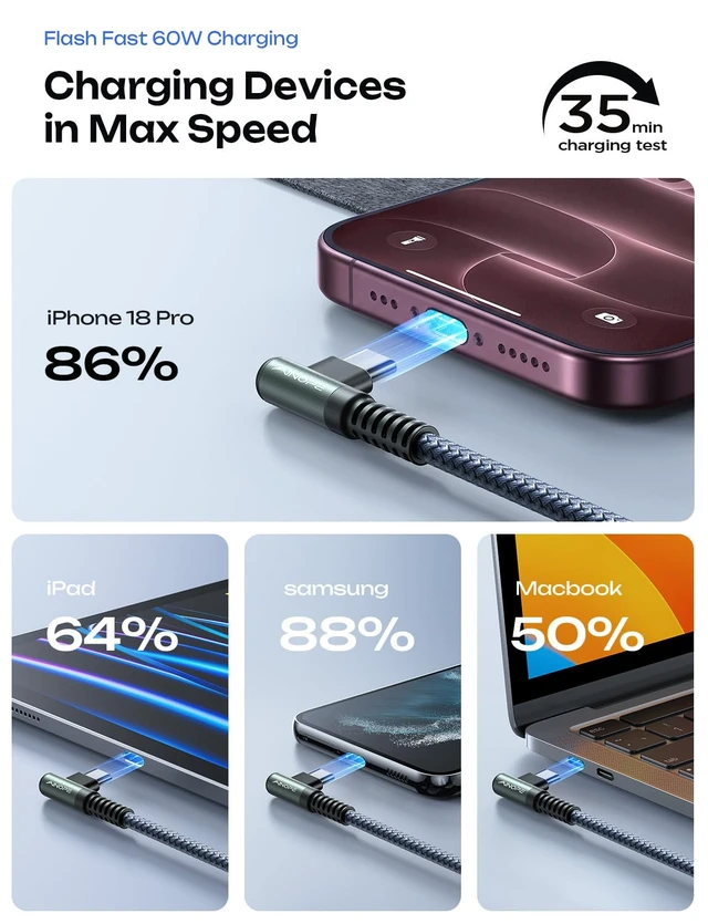 Alt view image 7 of 7 - USB C to USB C Cable (60W 2Pack 6.6ft) C to C Cable Fast Charging | Type C Charger Fast Charging, Right Angle for Charging While Gaming & Lying Down Fit for iPhone 18 Pro Samsung iPad MacBook