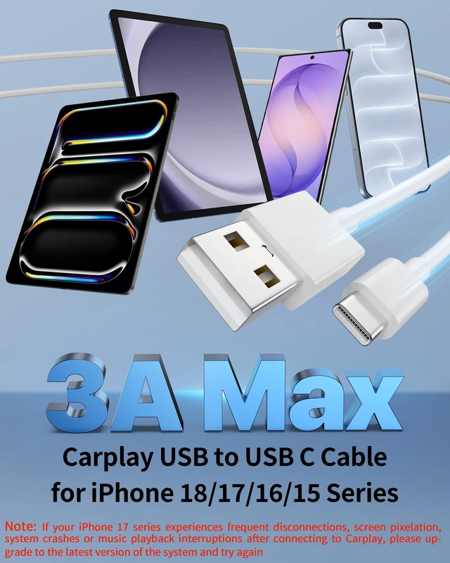 Alt view image 2 of 7 - Car Carplay Cable for iPhone 18/18 Pro Max/17/16/15 Pro Max Charger Cord | 2Pack USB A to USB C for CarPlay USBC Cable, iPad, Galaxy, Android Phone Accessories Charging Wire Type-C Car Charger Cord