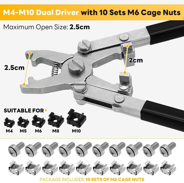 Alt view image 3 of 7 - Rotable Dual Head Cage Nut Tool Kit with 10 Sets M6 Silver Rack Mount Screws - Screw Install and Remove Tool for M4 M5 M6 M8 M10 - Screw Tool Kit for Server Rack, Network Cabinet, Data Center(Black)