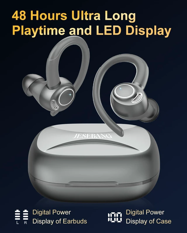 Alt view image 5 of 7 - Wireless Earbuds, Bluetooth 5.4 Headphones Sport Over Ear Buds With ENC Mic | Noise Cancelling Mic,48H, Wireless Earphone with Earhooks, Stereo Deep Bass, IP7 Waterproof Ear Bud for Workout Running,