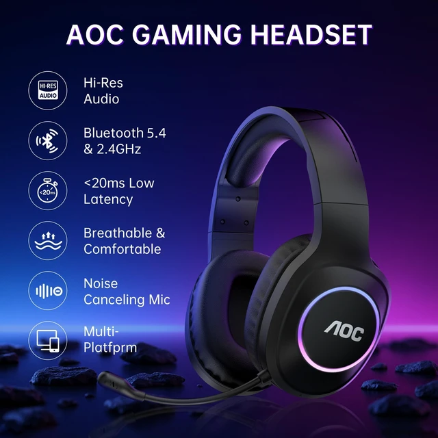 Alt view image 2 of 7 - Wireless Gaming Headset for PS5, PS4, Nintendo Switch, PC- Black | Bluetooth 5.4 & 2.4GHz Gaming Headphones with Noise Canceling Mic, RGB, Type-C, 20ms Latency, 45H, 7.1 Virtual Surround