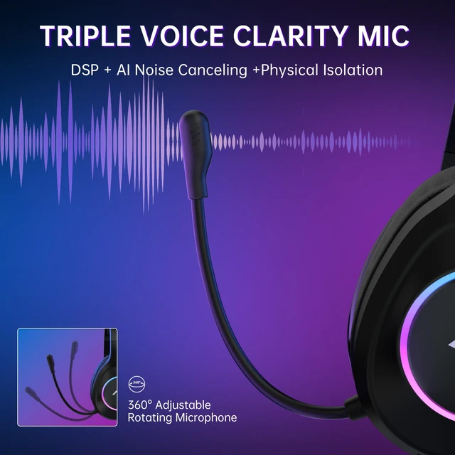 Alt view image 6 of 7 - Wireless Gaming Headset for PS5, PS4, Nintendo Switch, PC- Black | Bluetooth 5.4 & 2.4GHz Gaming Headphones with Noise Canceling Mic, RGB, Type-C, 20ms Latency, 45H, 7.1 Virtual Surround