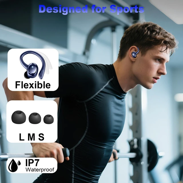 Alt view image 4 of 7 - Wireless Earbuds Sport, 2025 Bluetooth 5.4 Headphones with Earhooks, 50H Stereo Deep Bass Over Ear Buds with 4 ENC Noise Canceling Mics, IP7 Waterproof Earphones for Running Workout Gym -Blue