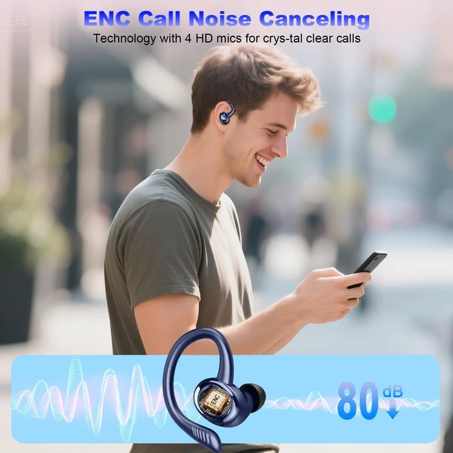 Alt view image 5 of 7 - Wireless Earbuds Sport, 2025 Bluetooth 5.4 Headphones with Earhooks, 50H Stereo Deep Bass Over Ear Buds with 4 ENC Noise Canceling Mics, IP7 Waterproof Earphones for Running Workout Gym -Blue