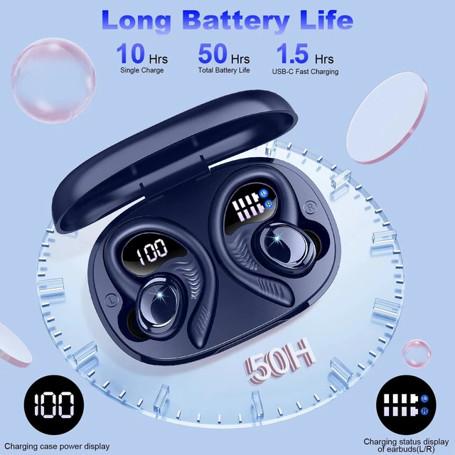 Alt view image 6 of 7 - Wireless Earbuds Sport, 2025 Bluetooth 5.4 Headphones with Earhooks, 50H Stereo Deep Bass Over Ear Buds with 4 ENC Noise Canceling Mics, IP7 Waterproof Earphones for Running Workout Gym -Blue