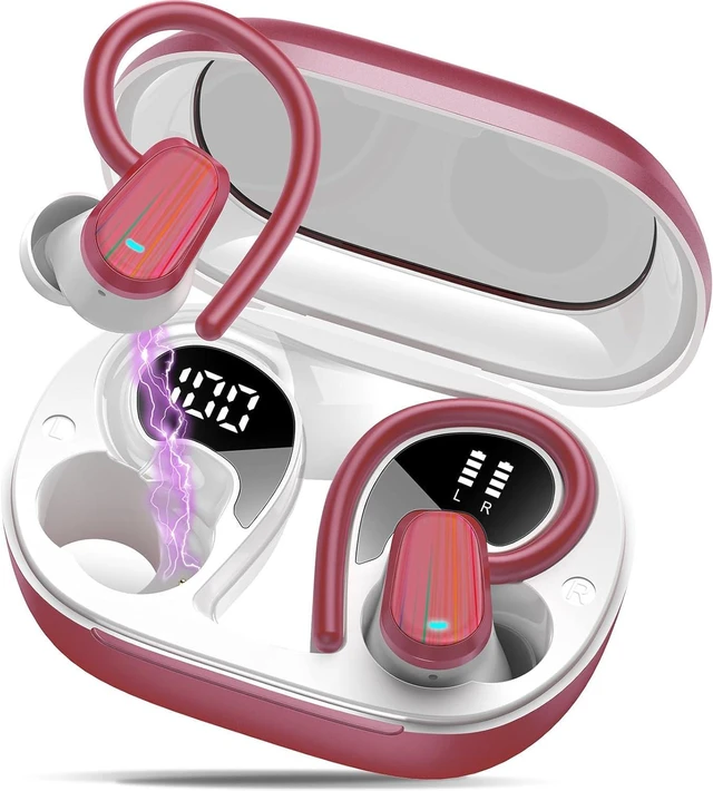 Main image of Wireless Earbuds, Headphones Sport Bluetooth 5.4, Over Ear Buds with ENC Noise Canceling Mic, Deep Bass Stereo Earphones with Hook, 50H Playback, LED Display, IP7 Ear Buds for Workout Running, Red