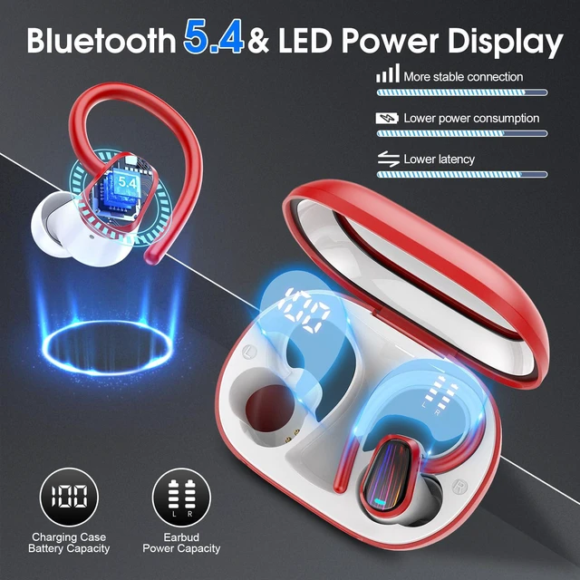 Alt view image 3 of 7 - Wireless Earbuds, Headphones Sport Bluetooth 5.4, Over Ear Buds with ENC Noise Canceling Mic, Deep Bass Stereo Earphones with Hook, 50H Playback, LED Display, IP7 Ear Buds for Workout Running, Red