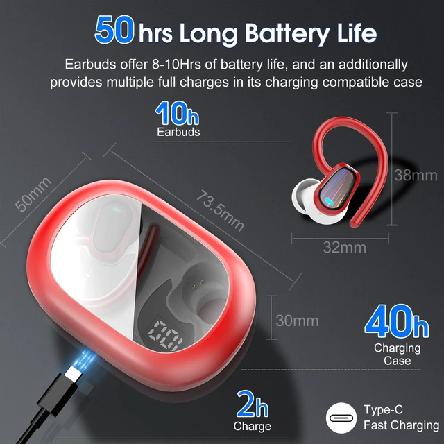Alt view image 4 of 7 - Wireless Earbuds, Headphones Sport Bluetooth 5.4, Over Ear Buds with ENC Noise Canceling Mic, Deep Bass Stereo Earphones with Hook, 50H Playback, LED Display, IP7 Ear Buds for Workout Running, Red