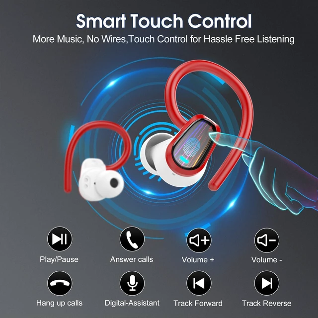 Alt view image 7 of 7 - Wireless Earbuds, Headphones Sport Bluetooth 5.4, Over Ear Buds with ENC Noise Canceling Mic, Deep Bass Stereo Earphones with Hook, 50H Playback, LED Display, IP7 Ear Buds for Workout Running, Red