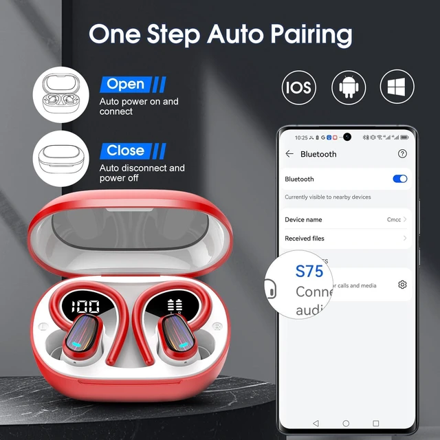 Alt view image 6 of 7 - Wireless Earbuds, Headphones Sport Bluetooth 5.4, Over Ear Buds with ENC Noise Canceling Mic, Deep Bass Stereo Earphones with Hook, 50H Playback, LED Display, IP7 Ear Buds for Workout Running, Red