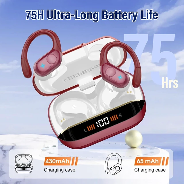 Alt view image 4 of 7 - Bluetooth 5.4 Headphones, 75H Sports Wireless Earbuds Bass Stereo | Bluetooth Earbuds with ENC Noise Canceling Mic, Wireless Earphones IP7 Waterproof Over Ear Buds with Earhooks for iOS/Android
