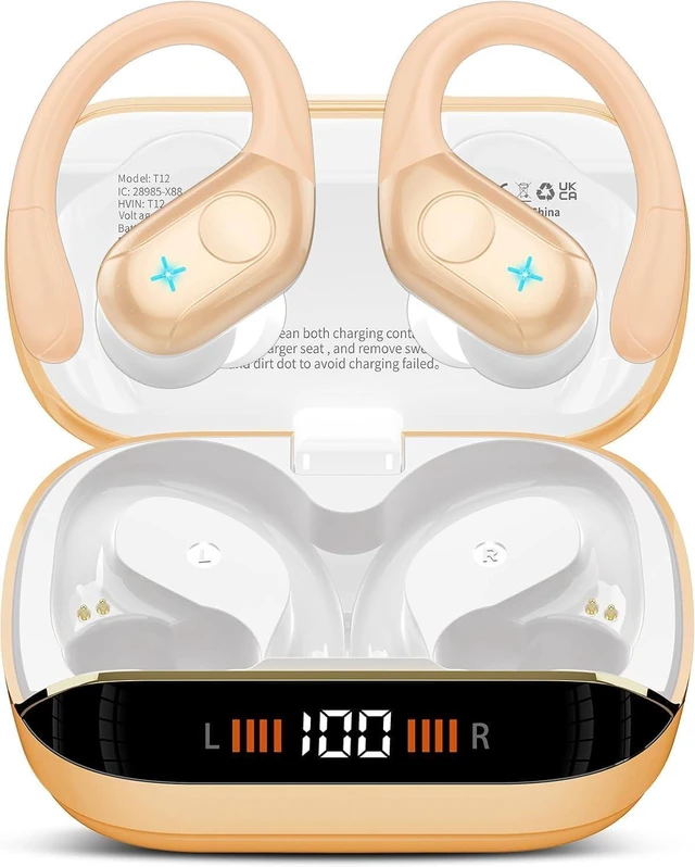 Main image of 75H Sports Wireless Earbuds Bluetooth 5.4 Headphones Stereo, Light Brown | Over Ear Buds with Earhooks, LED Display Bluetooth Earbuds with 4 ENC Mic, IP7 Waterproof Earphone for Running