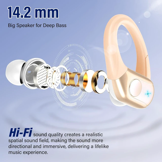 Alt view image 2 of 7 - 75H Sports Wireless Earbuds Bluetooth 5.4 Headphones Stereo, Light Brown | Over Ear Buds with Earhooks, LED Display Bluetooth Earbuds with 4 ENC Mic, IP7 Waterproof Earphone for Running