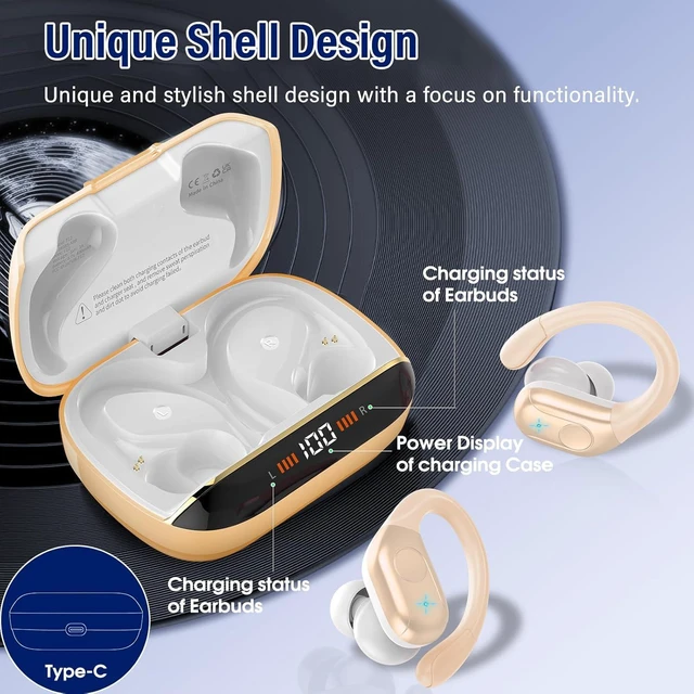 Alt view image 3 of 7 - 75H Sports Wireless Earbuds Bluetooth 5.4 Headphones Stereo, Light Brown | Over Ear Buds with Earhooks, LED Display Bluetooth Earbuds with 4 ENC Mic, IP7 Waterproof Earphone for Running