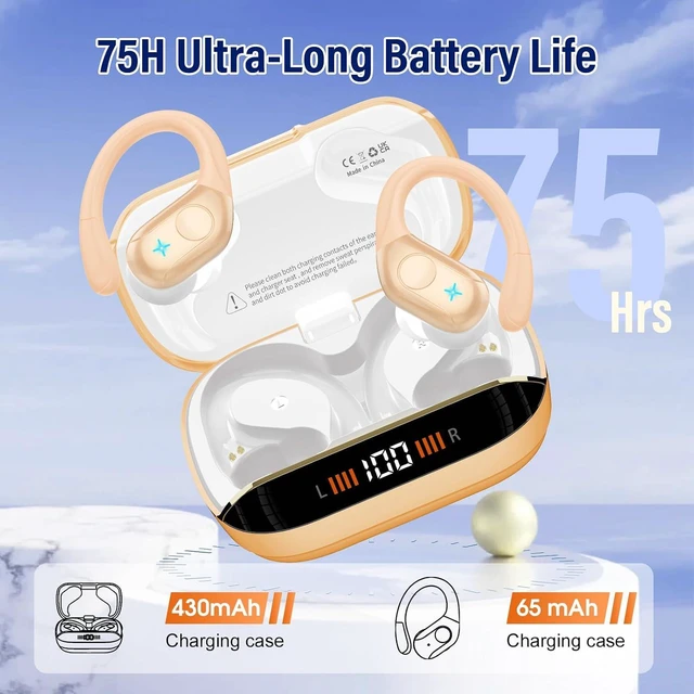 Alt view image 5 of 7 - 75H Sports Wireless Earbuds Bluetooth 5.4 Headphones Stereo, Light Brown | Over Ear Buds with Earhooks, LED Display Bluetooth Earbuds with 4 ENC Mic, IP7 Waterproof Earphone for Running