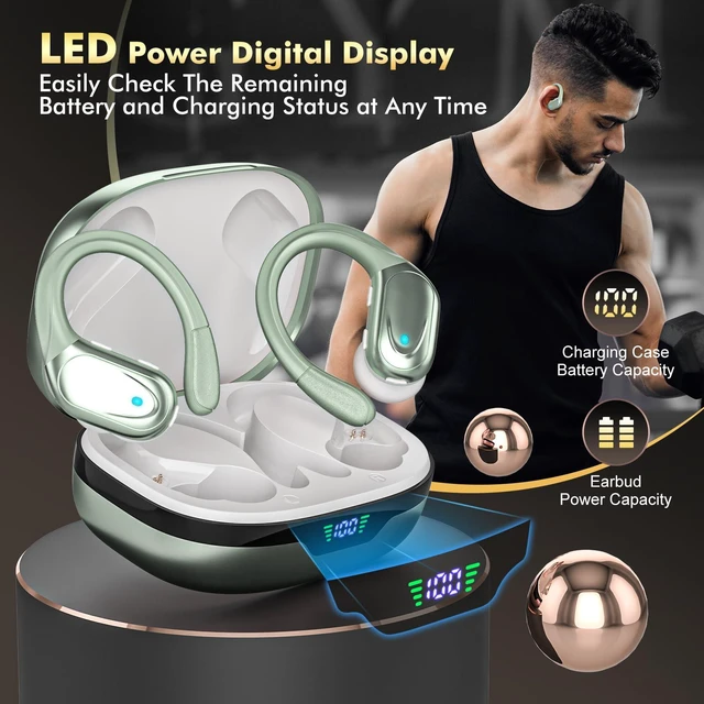 Alt view image 7 of 7 - Wireless Earbuds, Sports Bluetooth Headphones, 80Hrs Playtime Ear Buds with LED Power Display, Noise Canceling Headset, IPX7 Waterproof Earphones for Workout/RunningLight Green