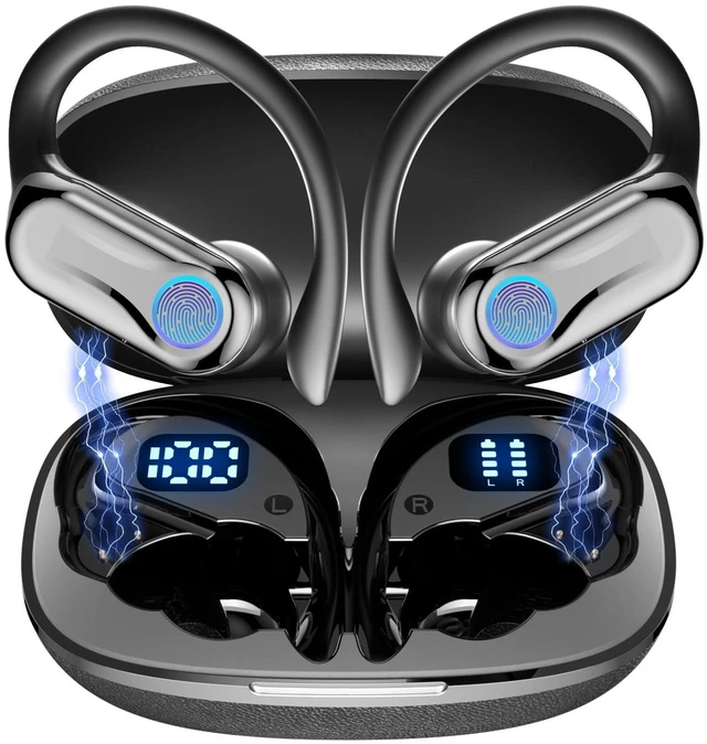 Main image of Wireless Earbuds, Bluetooth Headphones 6.1, 90H Playtime Ear Buds with Hooks for Sports, Dual LED Display Earphones IPX7 Waterproof for Gym/Runing/Workout