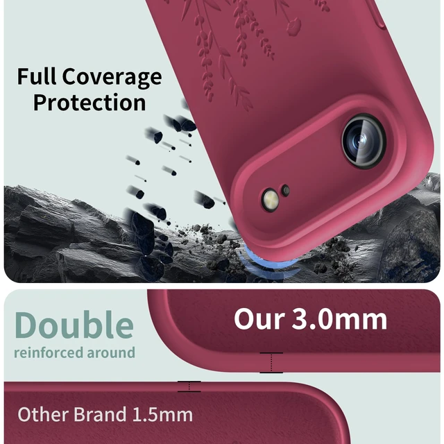 Alt view image 4 of 7 - Magnetic Engraved for iPhone 17 Air Case, Wine Red Flower | Compatible with Magsafe, All-Round Protection, Premium Liquid Silicone, Anti-Scratch Microfiber Lining, Women Girls