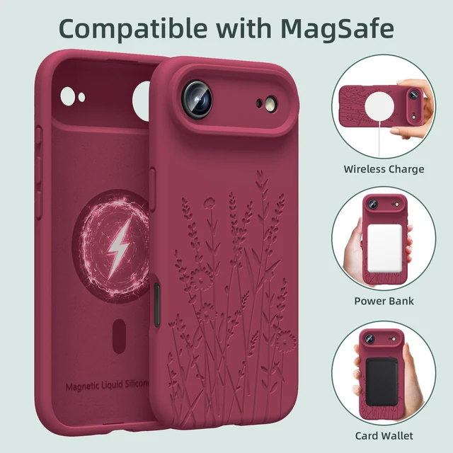 Alt view image 2 of 7 - Magnetic Engraved for iPhone 17 Air Case, Wine Red Flower | Compatible with Magsafe, All-Round Protection, Premium Liquid Silicone, Anti-Scratch Microfiber Lining, Women Girls