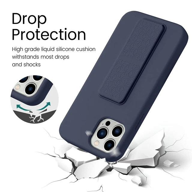 Alt view image 3 of 7 - Silicone Kickstand Case Compatible with iPhone 13 Pro, Vertical and Horizontal Stand Hand Strap Metal Kickstand Cover, Flexible Soft Liquid Silicone Stand Case for iPhone 13 Pro (Blue)