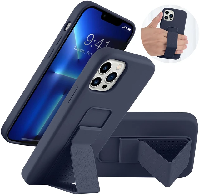 Main image of Silicone Kickstand Case Compatible with iPhone 13 Pro, Vertical and Horizontal Stand Hand Strap Metal Kickstand Cover, Flexible Soft Liquid Silicone Stand Case for iPhone 13 Pro (Blue)