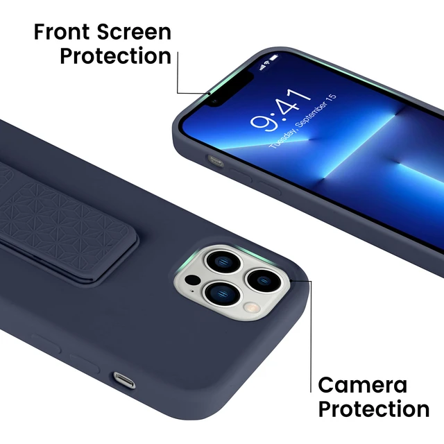 Alt view image 4 of 7 - Silicone Kickstand Case Compatible with iPhone 13 Pro, Vertical and Horizontal Stand Hand Strap Metal Kickstand Cover, Flexible Soft Liquid Silicone Stand Case for iPhone 13 Pro (Blue)