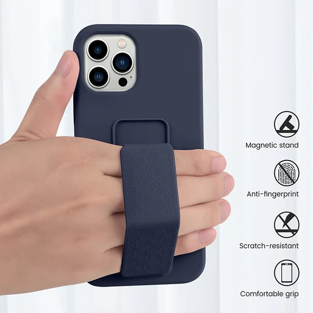 Alt view image 7 of 7 - Silicone Kickstand Case Compatible with iPhone 13 Pro, Vertical and Horizontal Stand Hand Strap Metal Kickstand Cover, Flexible Soft Liquid Silicone Stand Case for iPhone 13 Pro (Blue)