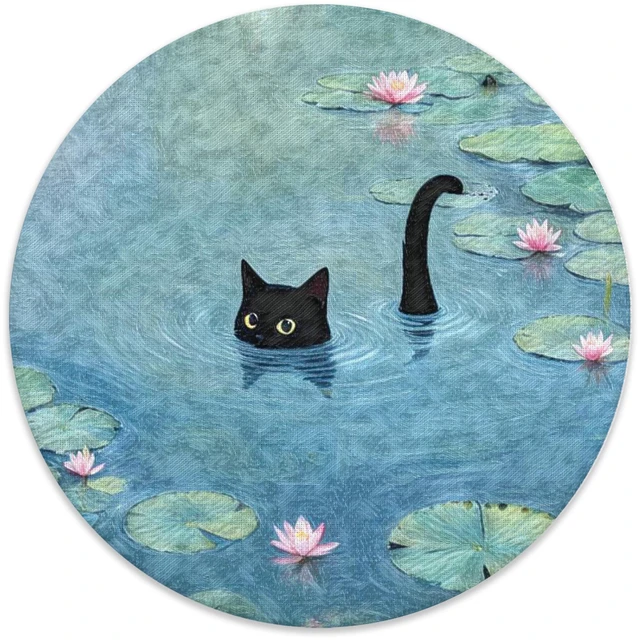 Main image of Whimsical Black Cat Mouse Pad for Desk, Funny Black Kitten in Water Lily Pond Mousepad for Work Wireless Mouse Computers Laptop Desk Accessories, Cat Office Supplies, 7.9x7.9 Inch