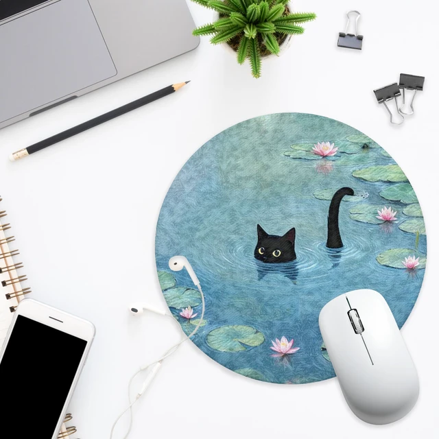 Alt view image 2 of 5 - Whimsical Black Cat Mouse Pad for Desk, Funny Black Kitten in Water Lily Pond Mousepad for Work Wireless Mouse Computers Laptop Desk Accessories, Cat Office Supplies, 7.9x7.9 Inch