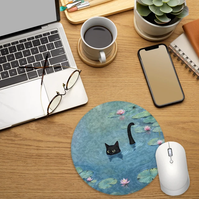Alt view image 3 of 5 - Whimsical Black Cat Mouse Pad for Desk, Funny Black Kitten in Water Lily Pond Mousepad for Work Wireless Mouse Computers Laptop Desk Accessories, Cat Office Supplies, 7.9x7.9 Inch