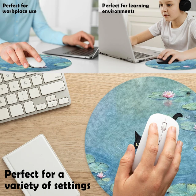 Alt view image 4 of 5 - Whimsical Black Cat Mouse Pad for Desk, Funny Black Kitten in Water Lily Pond Mousepad for Work Wireless Mouse Computers Laptop Desk Accessories, Cat Office Supplies, 7.9x7.9 Inch