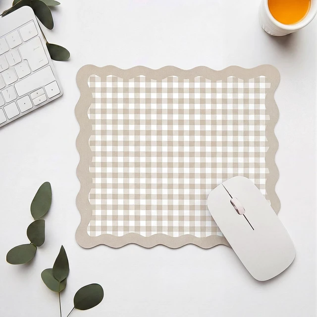 Alt view image 4 of 6 - Brown Scalloped Gingham Mouse Pad 9x7.9 Inch | 9x7.9 Inch Size, Waterproof Rubber Base with Stitched Edges, Soft Surface for Office Desk, Back to School Gift for Girls