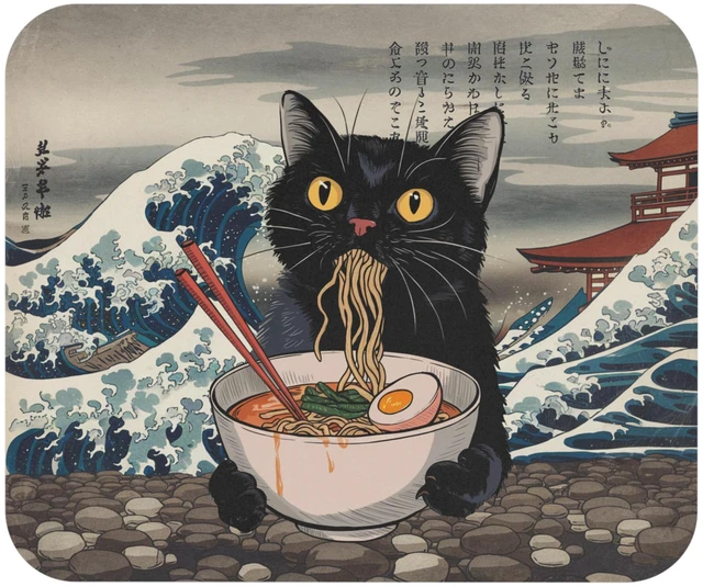 Main image of Black Cat Ramen Mousepad Japanese Great Wave Art Desk Mat | Kawaii Anime Mouse Pad for Gaming, Office & Desk Decor | Non-Slip Rubber Base