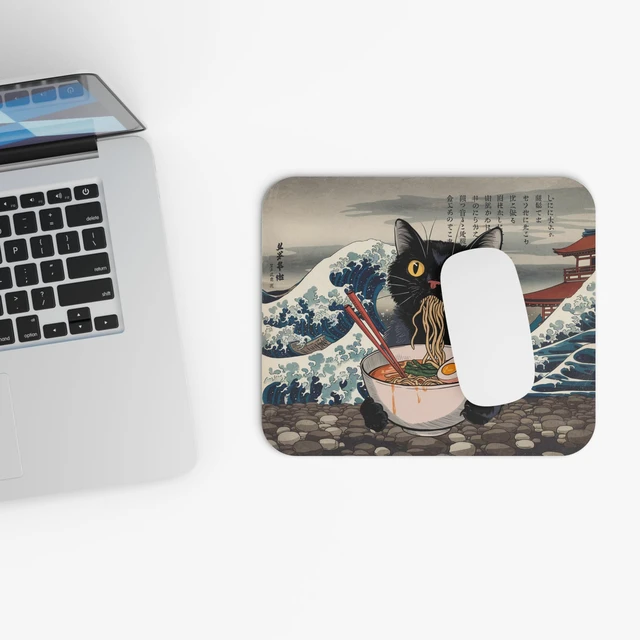 Alt view image 3 of 7 - Black Cat Ramen Mousepad Japanese Great Wave Art Desk Mat | Kawaii Anime Mouse Pad for Gaming, Office & Desk Decor | Non-Slip Rubber Base