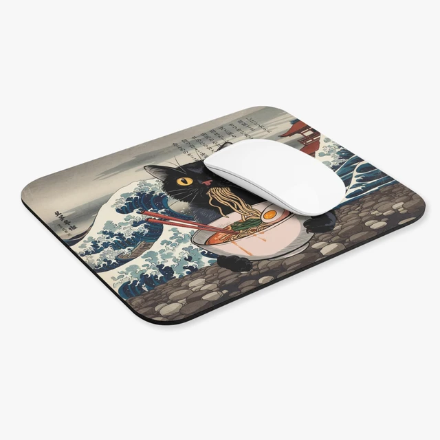 Alt view image 4 of 7 - Black Cat Ramen Mousepad Japanese Great Wave Art Desk Mat | Kawaii Anime Mouse Pad for Gaming, Office & Desk Decor | Non-Slip Rubber Base