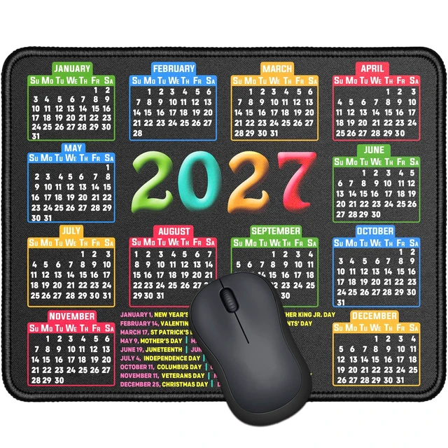 Main image of Mouse Pad, 2027 Calendar Black, Stitched Edge | Non-Slip Rubber Base, For Computers Laptop, 9.6x7.9x0.1 inch