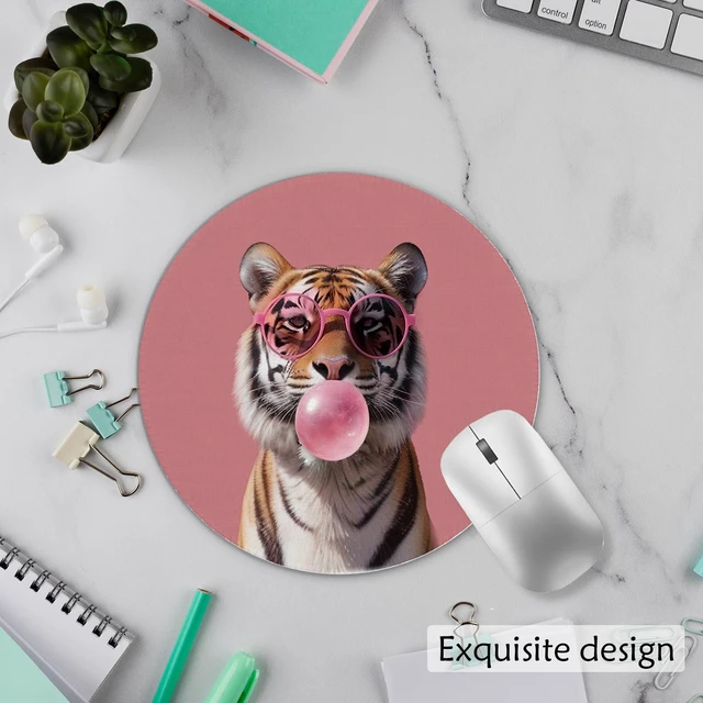 Alt view image 3 of 5 - Funny Tiger Animals Mouse Pad 7.9x7.9 Inch, Pink Bubble Gum Tiger Mouse Pads for Wireless Mouse Computers Laptop Desk Accessories Women Office Supplies